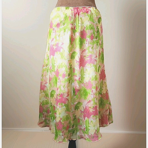 Vintage Floral Midi Slip Skirt Y2k Pink Layer Ruffle Layered Hem‎ Size L Fairy - Picture 1 of 7